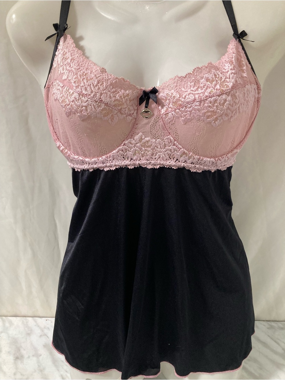 Coquette.com Pink Lace Black Babydoll Chemise Bow Charm Lingerie M